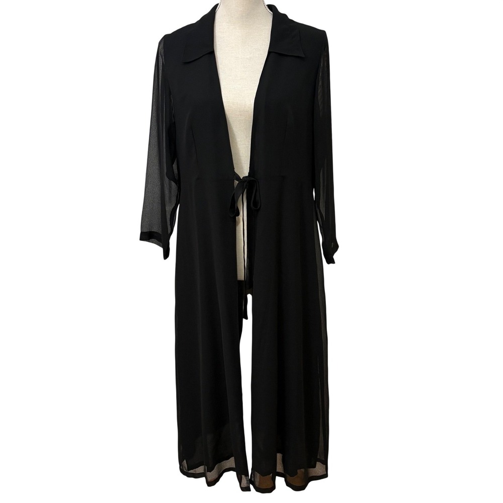 VTG April Cornell Sheer Overlay Tie Front Duster Sz M Black Boho Whimsigoth Goth